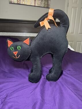 Vintage Halloween Black & Orange Cat Stuffed Animal Plush Holiday Decor